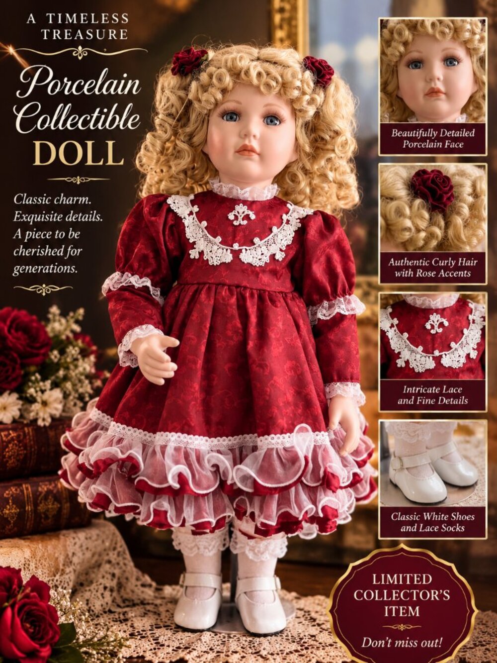 NIB William Tung Collection "Micaela" 26” Fine Porcelain Holiday Doll w/COA